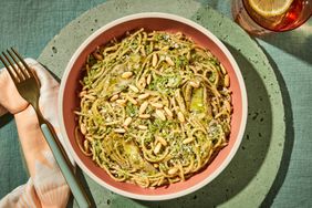 an overhead photo of the Broccoli-Pesto Pasta served in a bowl