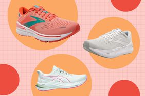 a collage of shoes from Brooks and Asics