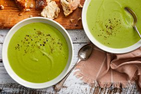 Overhead photo of 2 bowls of Pea Soup.