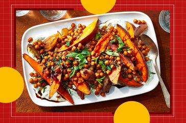 a recipe photo of the Sheet-Pan Spiced Chickpeas & Sweet Potatoes with Herby Yogurt
