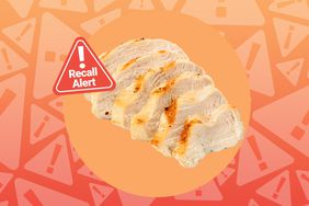 a photo of cooked sliced chicken with the "recall alert" badge
