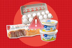 a collage featuring a dozen of eggs, Rock River Beef Skirt Steak, and the Blue Menu Margarine