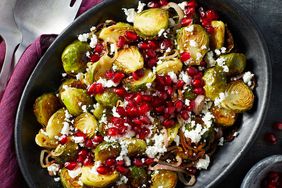 Roasted Brussels Sprouts with Goat Cheese & Pomegranate