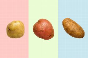 yukon gold, red potato and russet potato on pink, light green and light blue background with grid