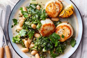 Seared Scallops with White Bean Ragu & Charred Lemon