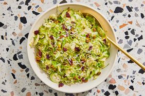Overhead view of a plate of Shaved Brussels Sprouts Salad recipe
