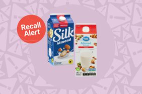 a collage featuring the Silk and Great Value almond milks being recalled
