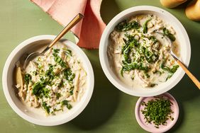 Overhead photo of two bowl of Slowcooker Spinach Artichoke Chicken Soup