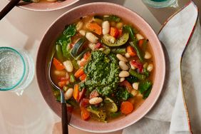 Overhead view of a bowl of Slow-Cooker Vegetable Soup recipe