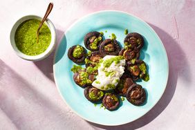 a recipe photo of the Smashed Mushrooms with Pesto and Burrata