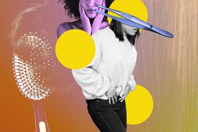 a collage featuring a hair brushing through hair, a woman touching her face, a woman touching her stomach, and tweezers