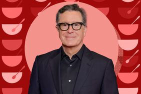 a photo of Stephen Colbert with illustrated bowls of soup in the background