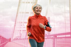 a photo of an older woman jogging on a bridge