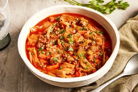 Stuffed cabbage soup in a white ceramic bowl