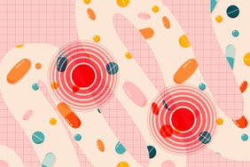 an illustration of a gut with supplements inside it and red circles to show irritation