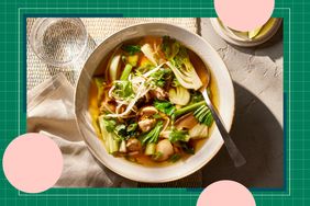 a recipe photo of the Chicken & Bok Choy Soup with Ginger & Mushrooms