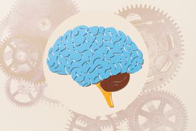 a collage featuring a paper cut out of a brain and gears behimd it