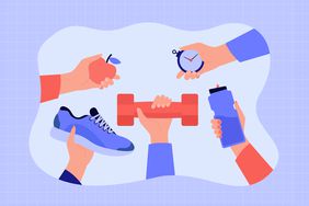an illustration of hands holding fruit, a stop watch, water bottle, a free weight, and a sneaker