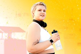 Portrait of a young curvy woman holding a bottle taking a break