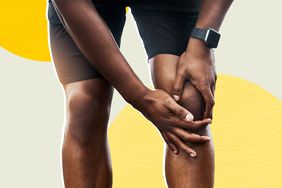 woman clutching her knee on a designed background