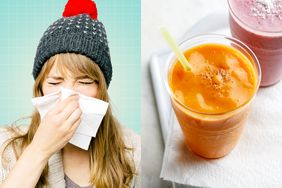 aa woman blowing her nose next to an image of Mango-Ginger Smoothie