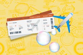 a collage featuring a boarding pass for Bloat Air and airplane emoji and bubbles emoji