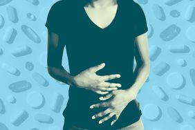 a photo of a woman grabbing her stomach with various types of supplements in the background