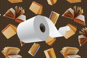 a collage of floating toilet paper with books flying open behind it