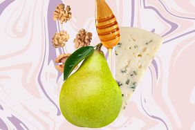 a collage featuring the ingredients to make the 5-ingredient stuffed pears