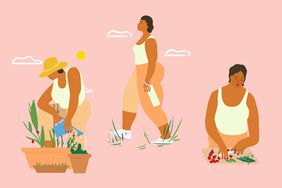 an illustration of a person planting in their garden, walking outside, and cutting up fresh vegetables