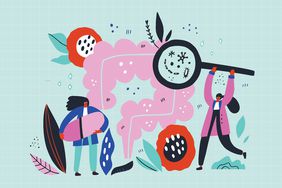 an illustration of a healthy gut surrounded by flowers and supplements