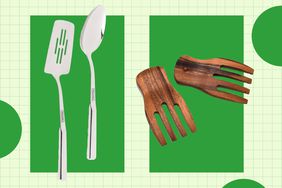 a collage featuring some stainless steel utensils and wooden salad servers
