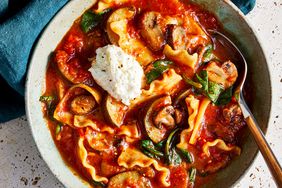 a recipe photo of the Vegetarian Lasagna Soup served in a bowl