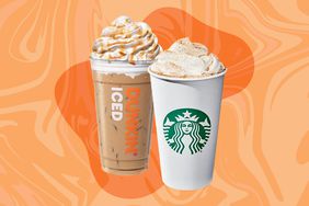 a collage featuring Dunkin's iced pumpkin spiced latte and Starbucks hot pumpkin spice latte