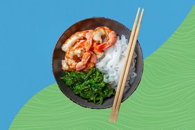 a photo of shrimp, seaweed, and Shirataki noodles in a bowl with chop sticks on top