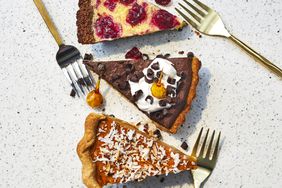 a photo of 3 different pies with 3 forks