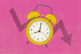 Illustrated alarm clock on zig zig arrow pointing downwards