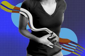 a photo of a woman touching her stomach in pain with a twisted fork overlaid