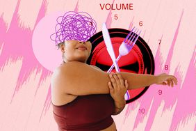 a collage featuring a person stretching to exercise with a volume button behind them