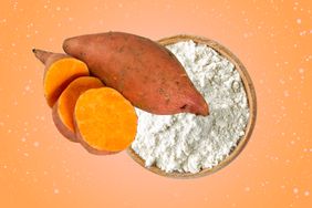 a collage with sweet potato and flour in a bowl