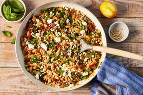 a recipe photo of the One-Pot White Bean, Spinach & Sun-Dried Tomato Orzo with Lemon & Feta