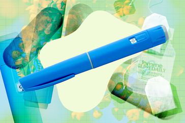 a collage of a GLP-1 injection pen with a background featuring supplements, green tea bags, and the Berberine plant