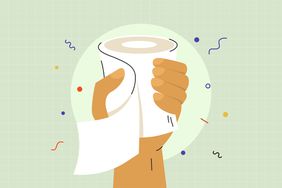 an illustration of a hand holding up a roll of toilet paper