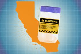a collage featuring an illustration of the state of California with a food container and the Prop 65 Warning label across it