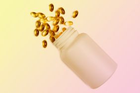 a photo of vitamin D3 supplements pouring out of a bottle 